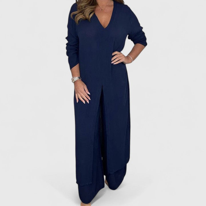 Longline V-Neck Duster and Wide Leg Pants Two Piece Set 4