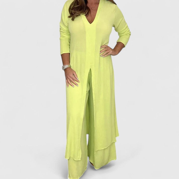 V-Neck Long Sleeve Split Hem Tunic and Wide Leg Pants Two Piece Set 4