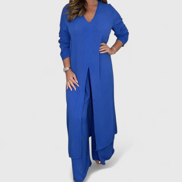Longline V-Neck Duster and Wide Leg Pants Two Piece Set 6