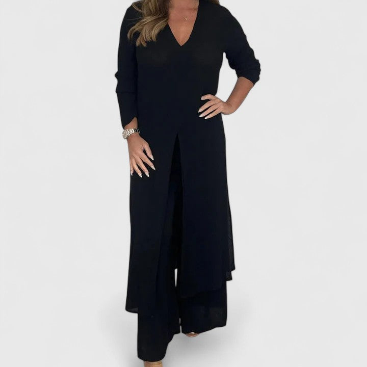V-Neck Long Sleeve Split Hem Tunic and Wide Leg Pants Two Piece Set 7