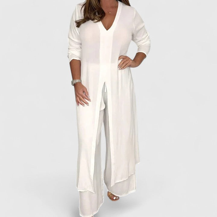 Longline V-Neck Duster and Wide Leg Pants Two Piece Set 2