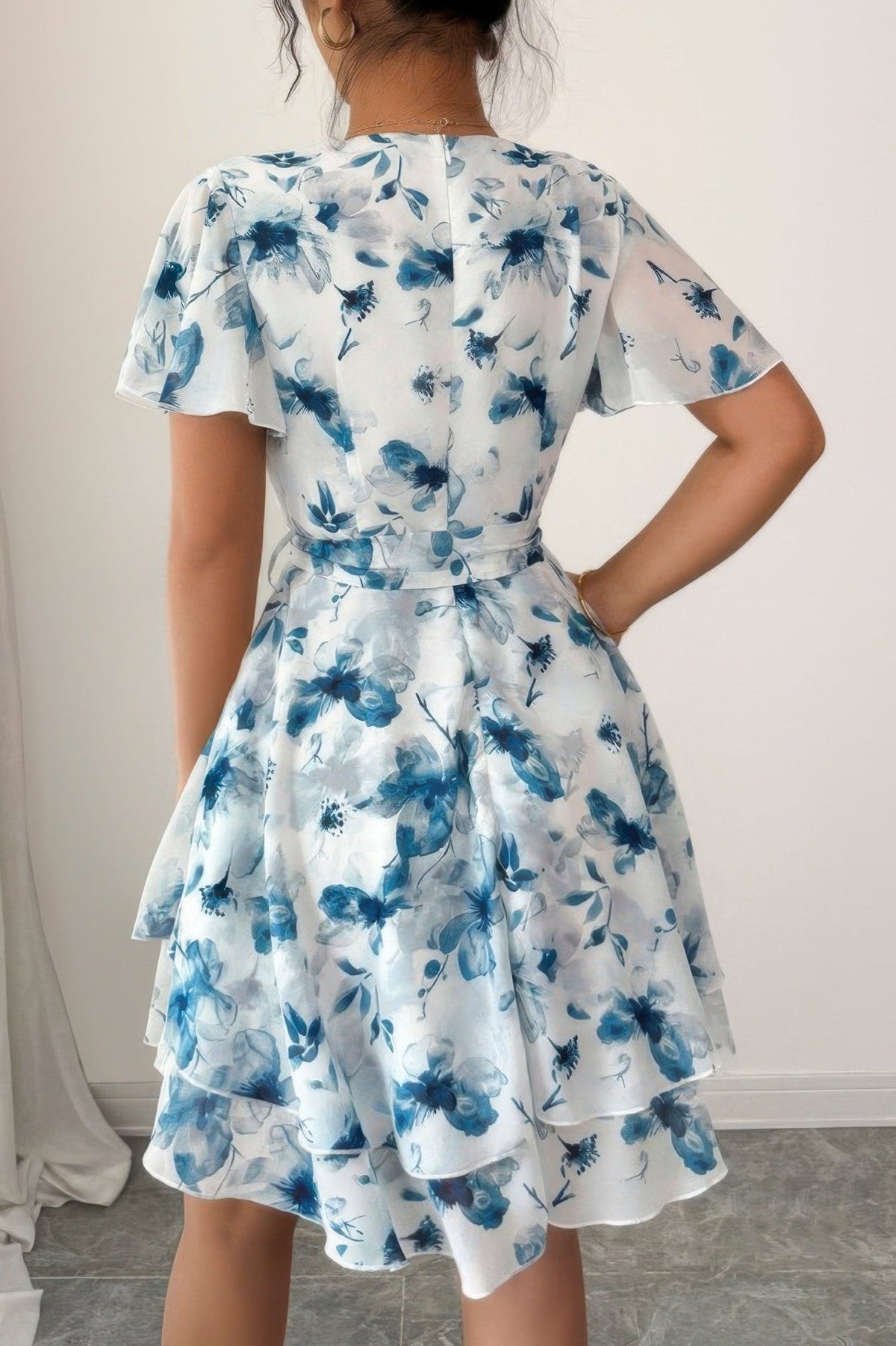 Floral V-Neck Short Sleeve Wrap Tiered Ruffle Mini Dress 3