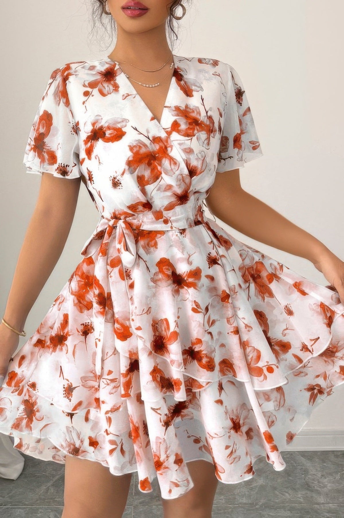 Floral V-Neck Short Sleeve Wrap Tiered Ruffle Mini Dress 5