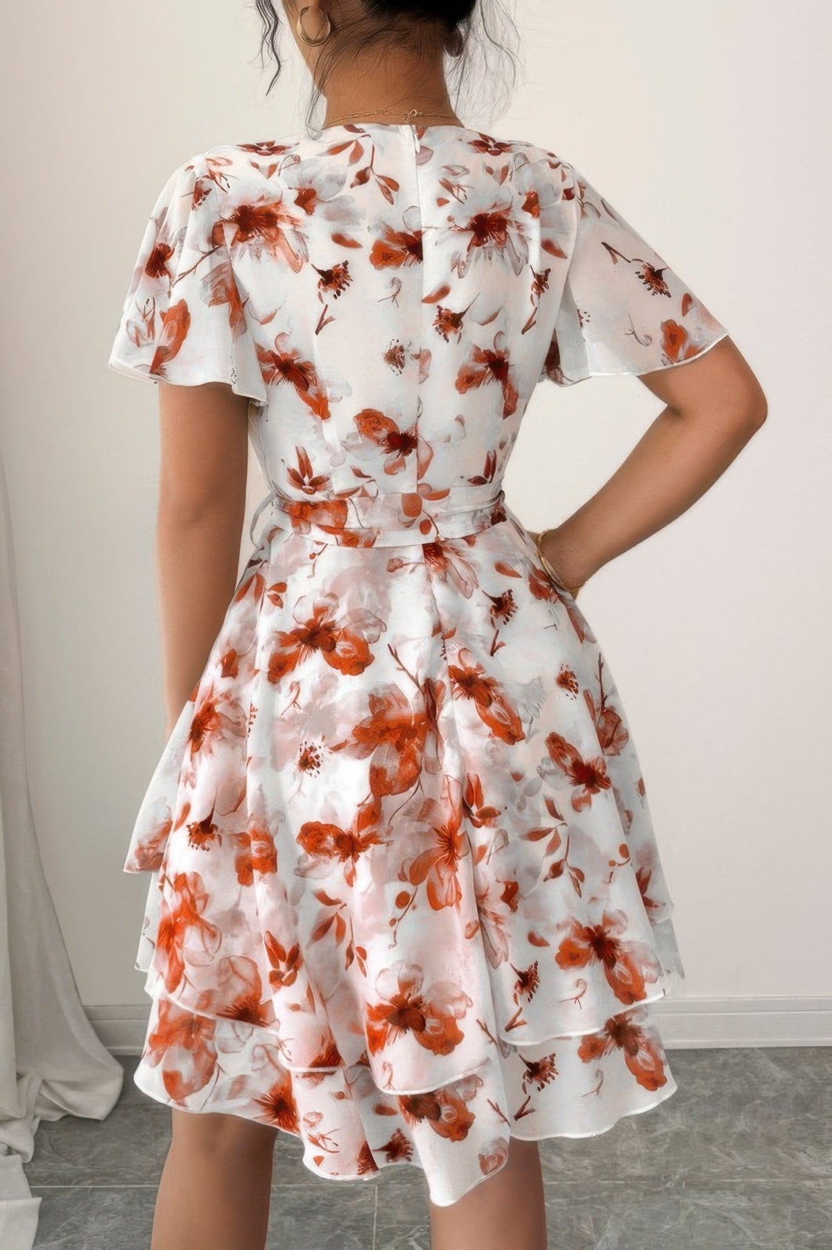 Floral V-Neck Short Sleeve Wrap Tiered Ruffle Mini Dress 7