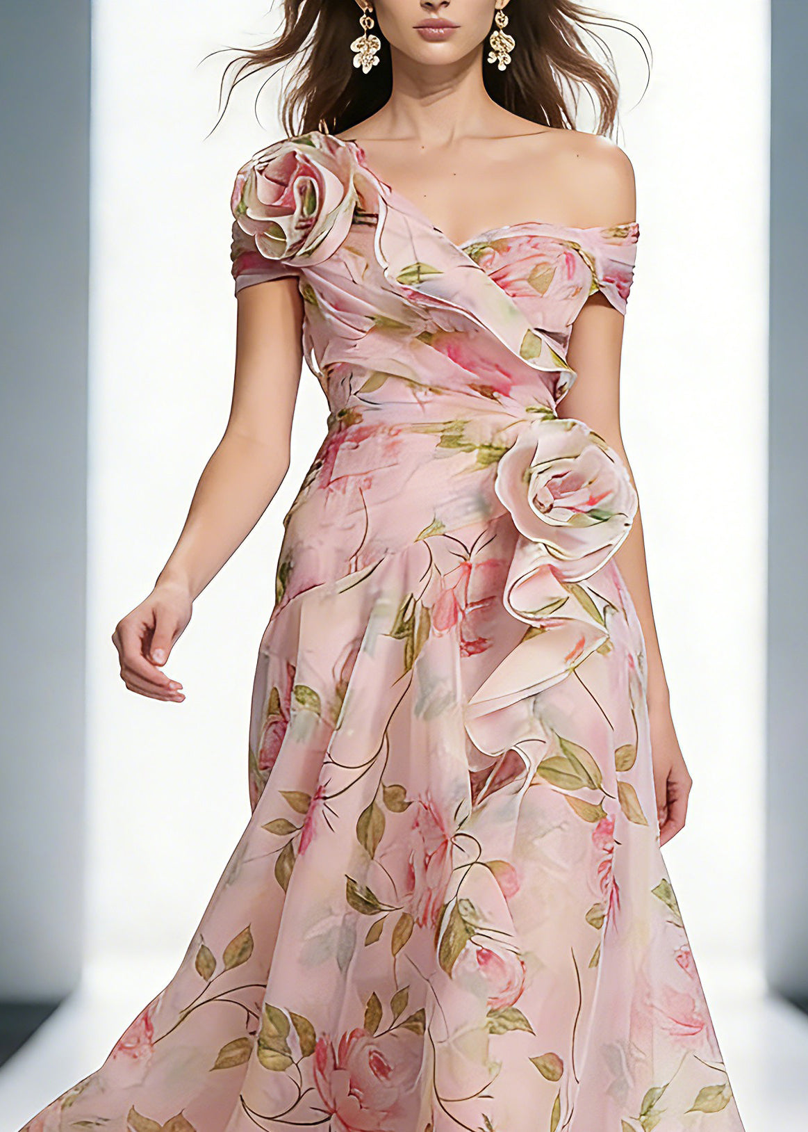 Floral Print Off Shoulder Rosette Cascading Ruffle Organza Maxi Gown - View 2