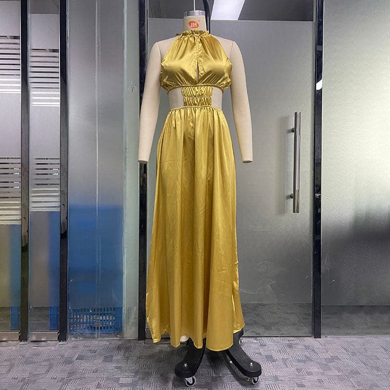 Metallic Halter Neck Cut Out Ruched Waist A-Line Maxi Dress - View 5