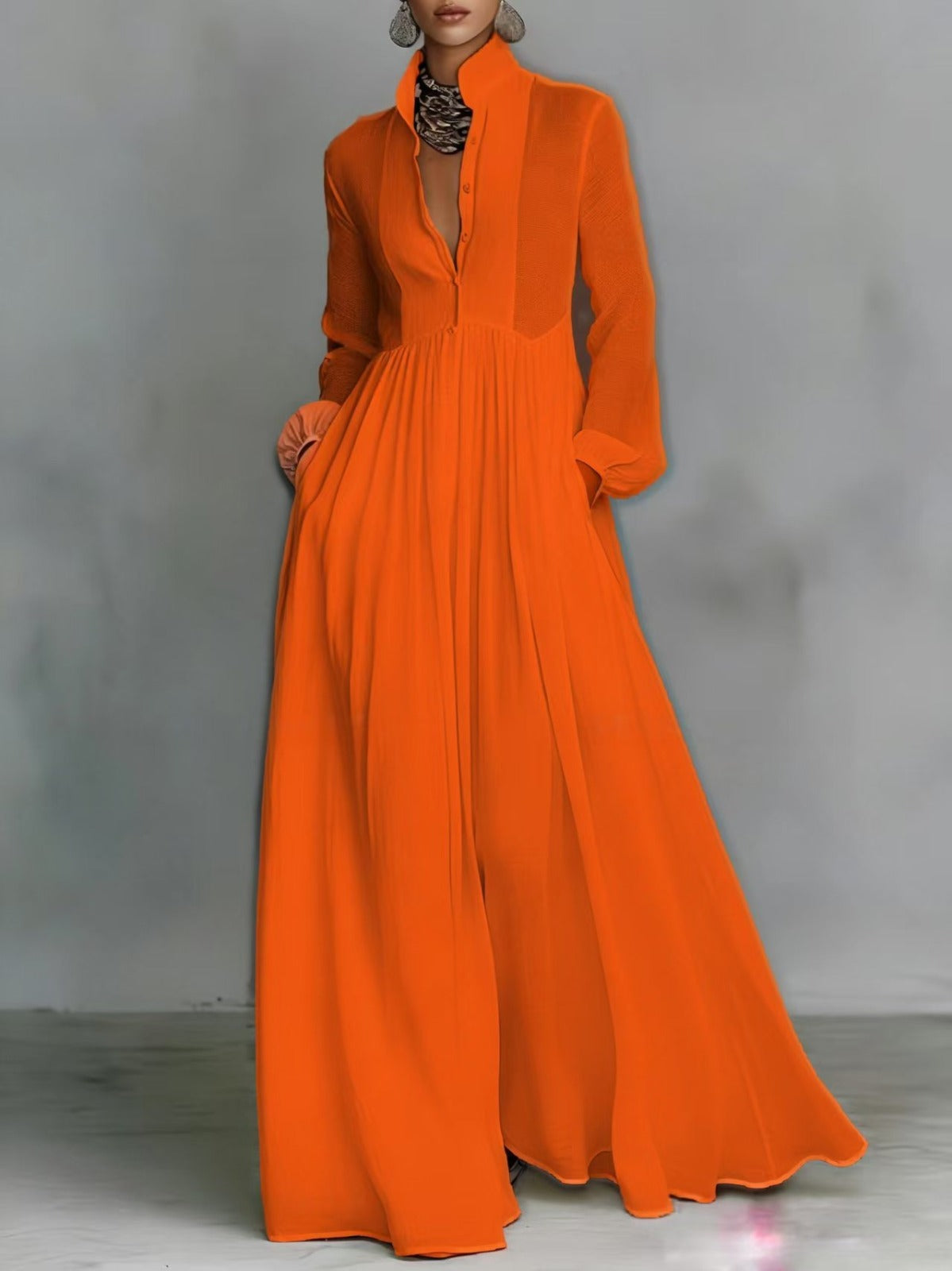 Stand Collar Long Sleeve Button Front Maxi Shirt Dress 8