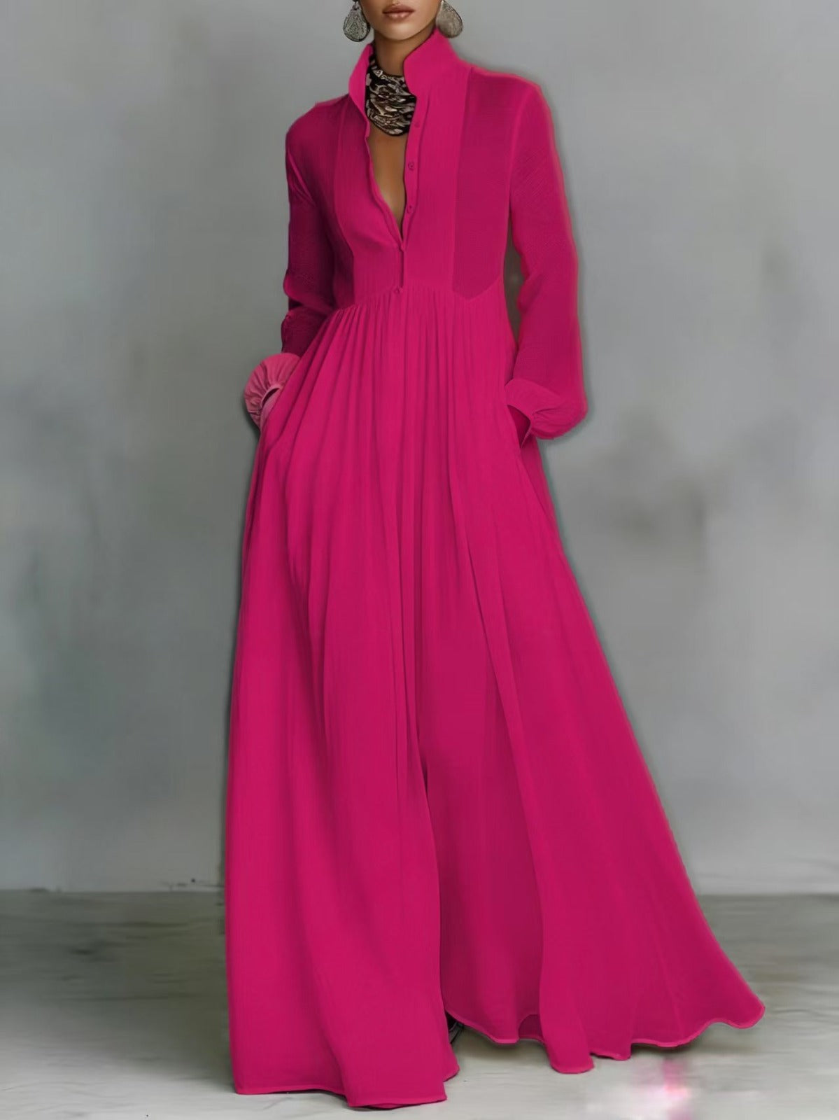 Stand Collar Long Sleeve Button Front Maxi Shirt Dress 9