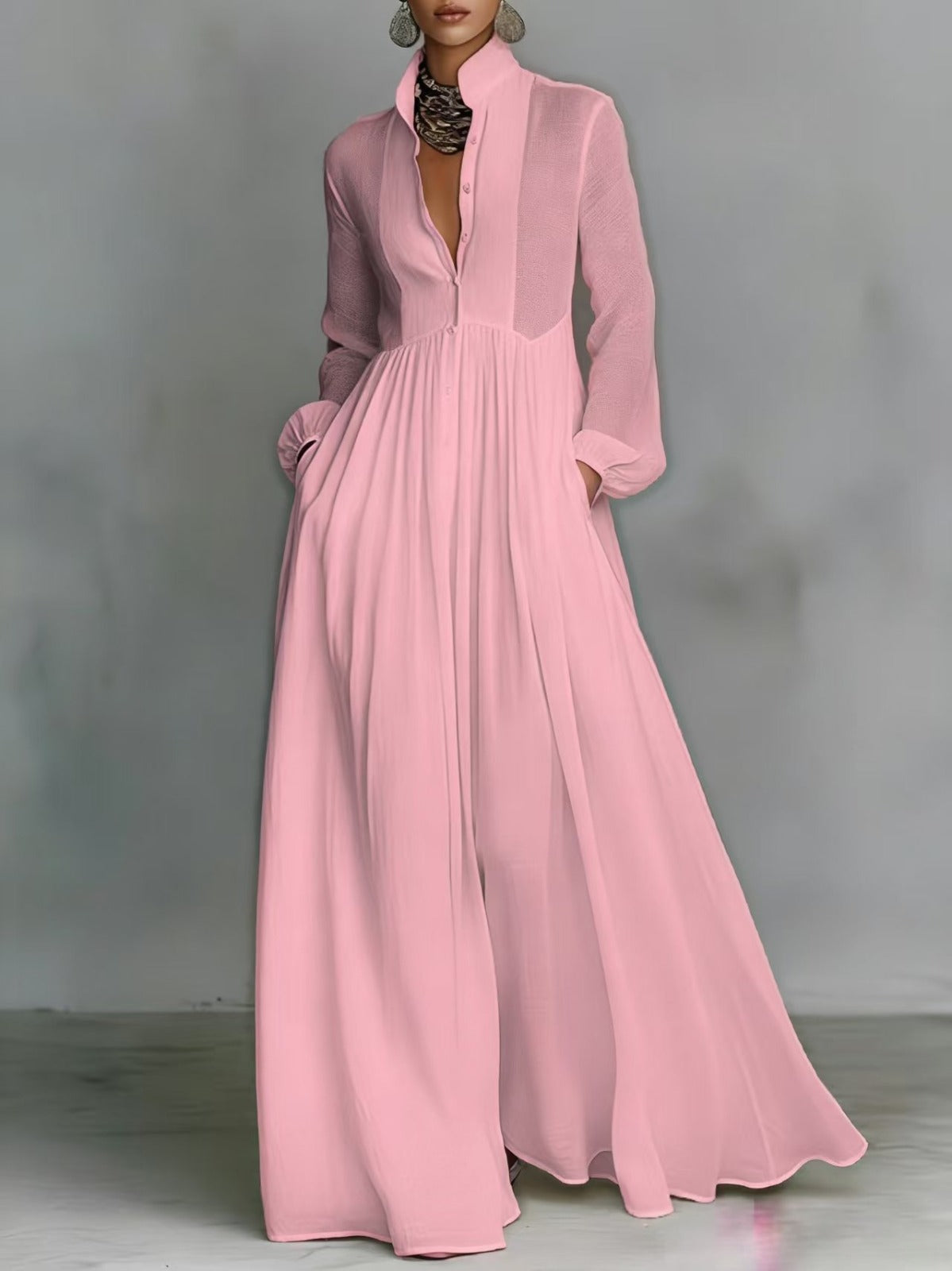 Stand Collar Long Sleeve Button Front Maxi Shirt Dress 10