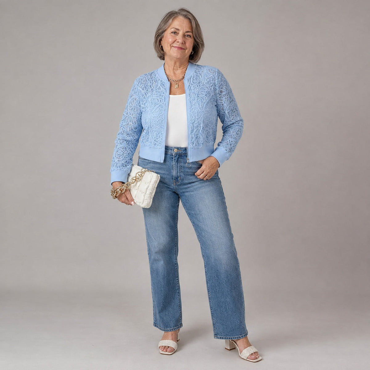 Floral Lace Ribbed Trim Cropped Bomber Jacket 2