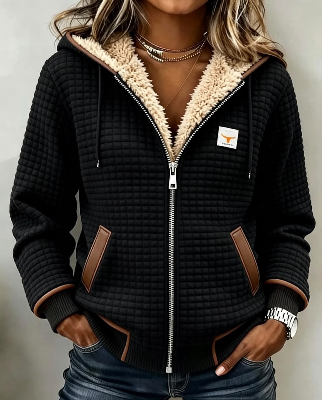 Sherpa Lined Waffle Textured Zip Front Hooded Jacket