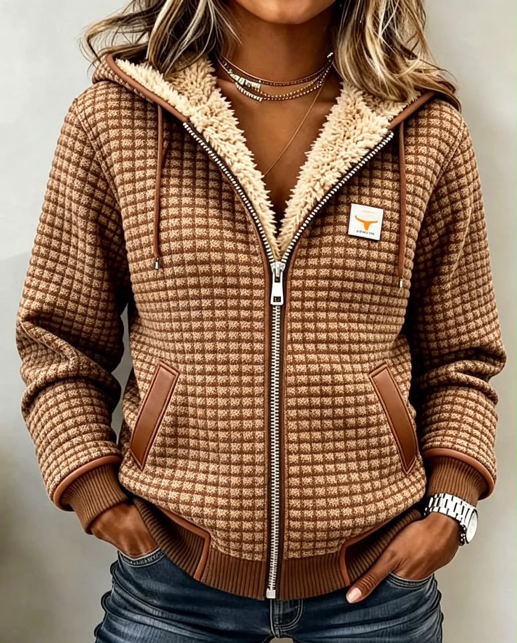 Sherpa Lined Waffle Textured Zip Front Hooded Jacket