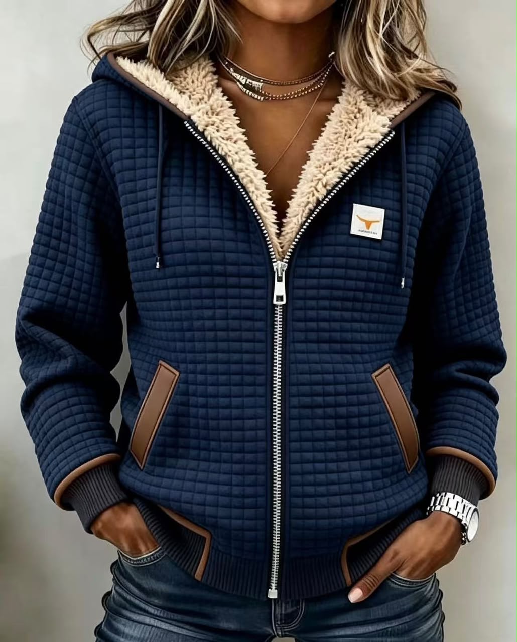 Sherpa Lined Quilted Zip Front Hooded Jacket