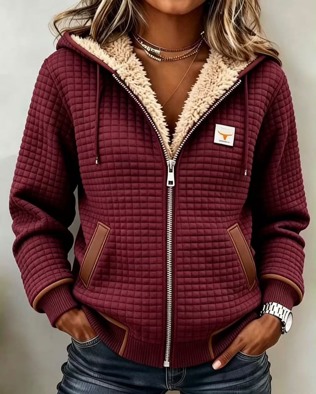 Sherpa Lined Quilted Zip Front Hooded Jacket