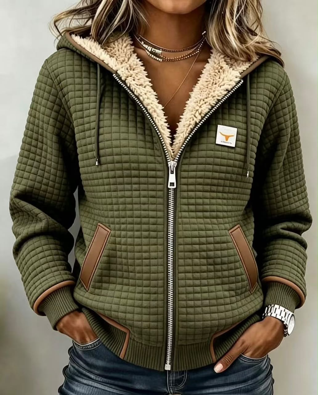 Sherpa Lined Quilted Zip Front Hooded Jacket
