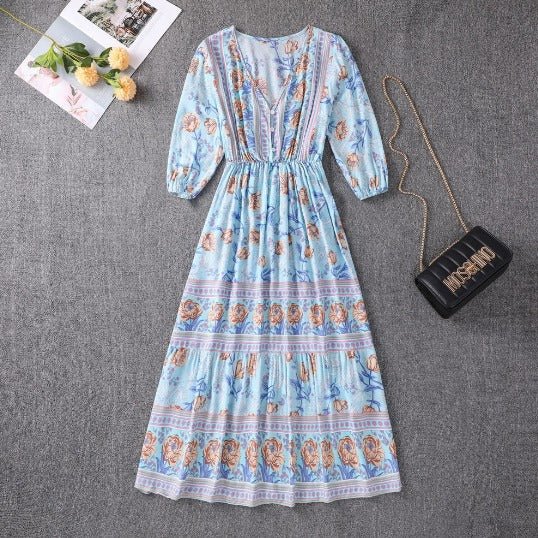Floral Print V-Neck Three Quarter Sleeve Tiered Boho Midi Dress 5