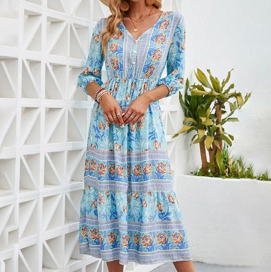 Floral Print V-Neck Three Quarter Sleeve Tiered Boho Midi Dress 2