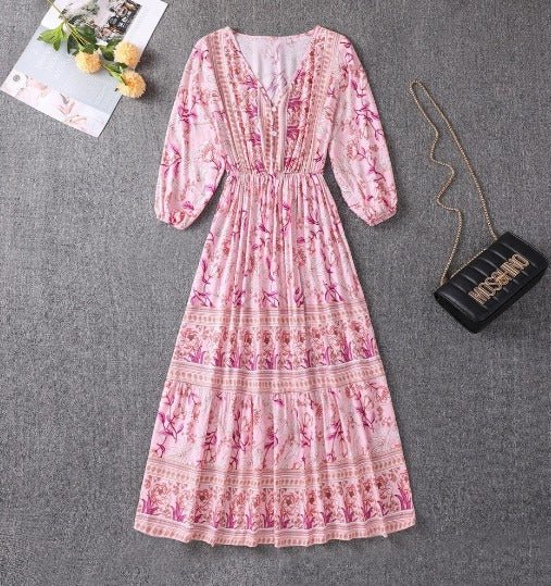 Floral Print V-Neck Three Quarter Sleeve Tiered Boho Midi Dress 3