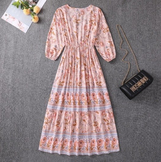 Floral Print V-Neck Three Quarter Sleeve Tiered Boho Midi Dress 4