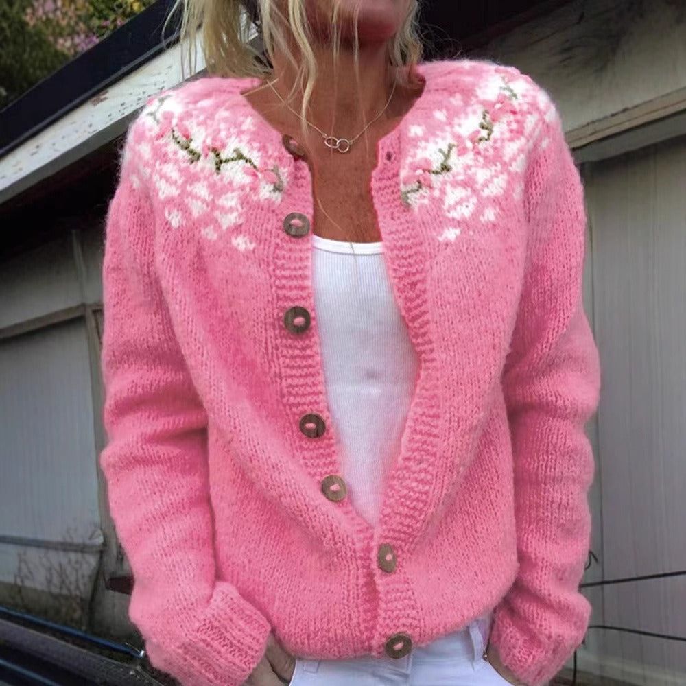 Crew Neck Floral Embroidered Button Front Cardigan