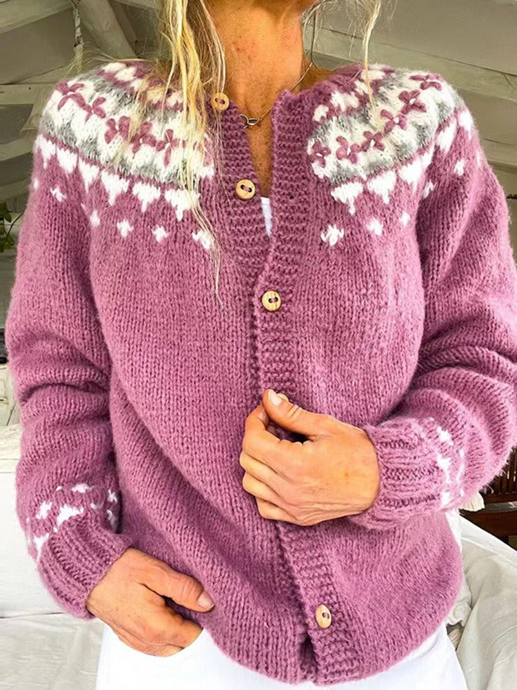 Floral Fair Isle Yoke Round Neck Button Cardigan