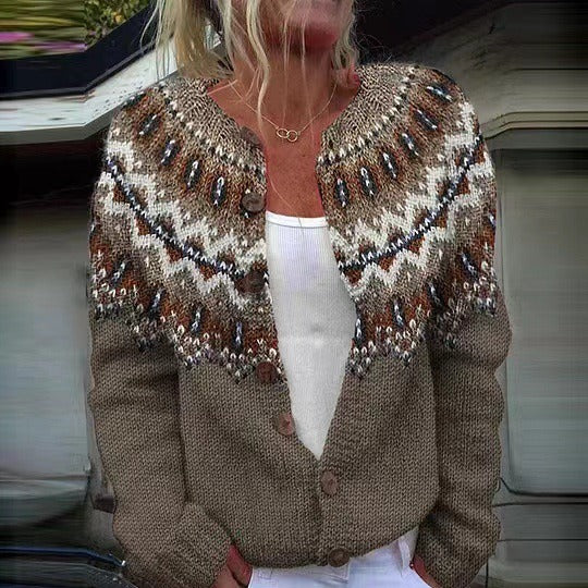 Fair Isle Round Neck Button Front Cardigan