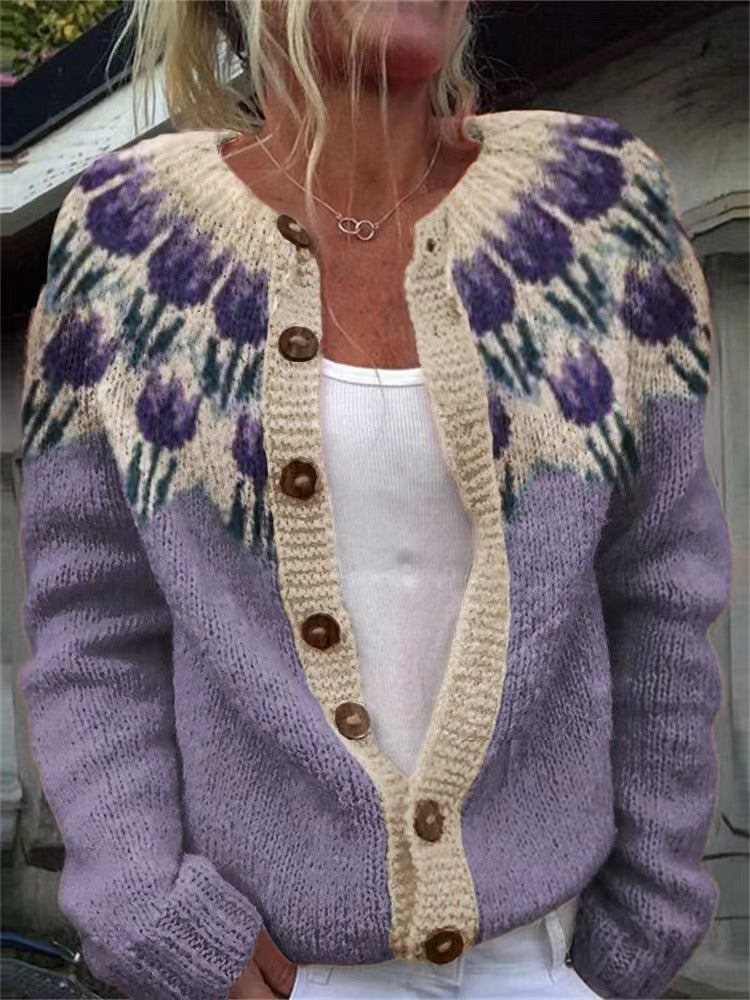 Round Neck Floral Button Front Knit Cardigan