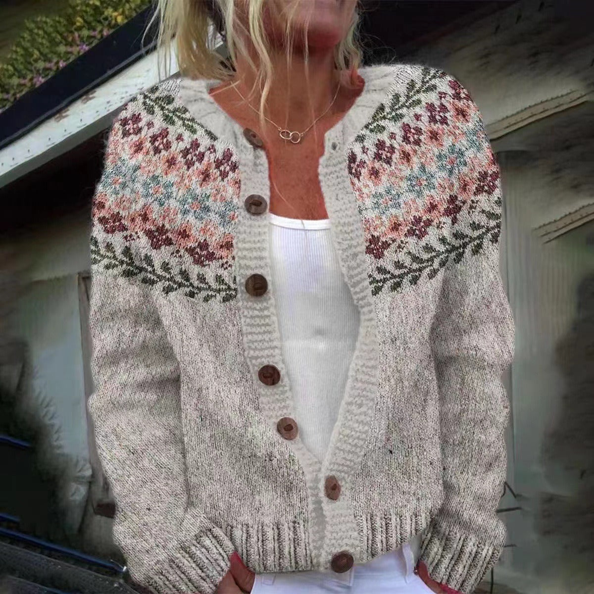 Floral Fair Isle Round Neck Button Front Knit Cardigan