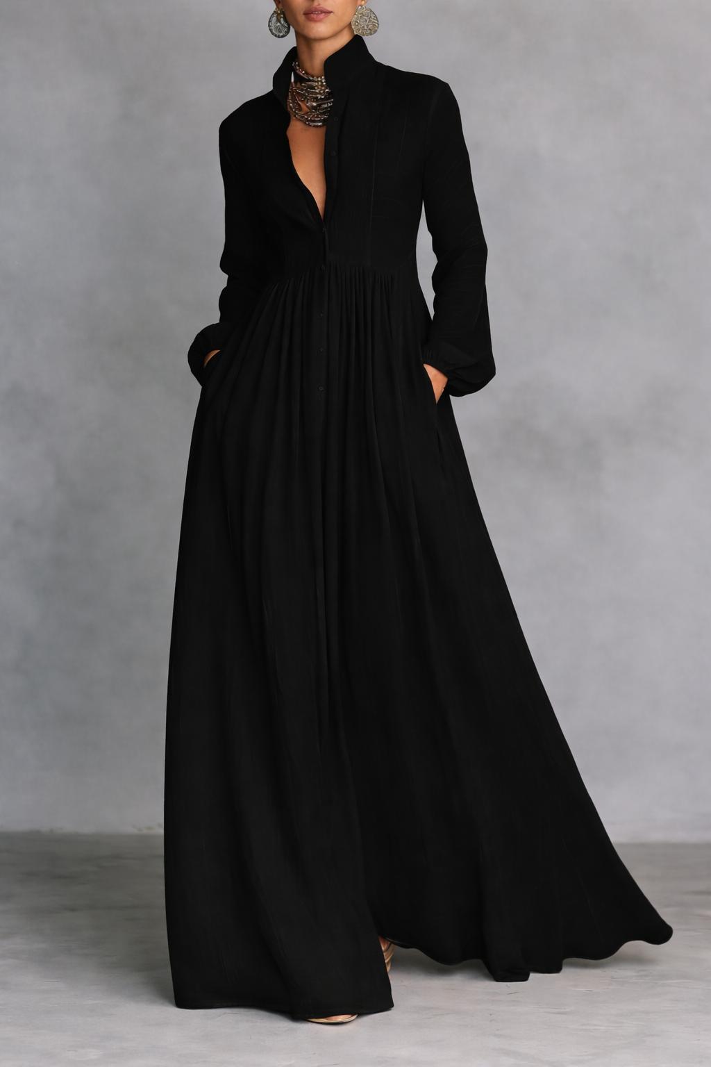 Stand Collar Long Sleeve Button Front Maxi Shirt Dress 5