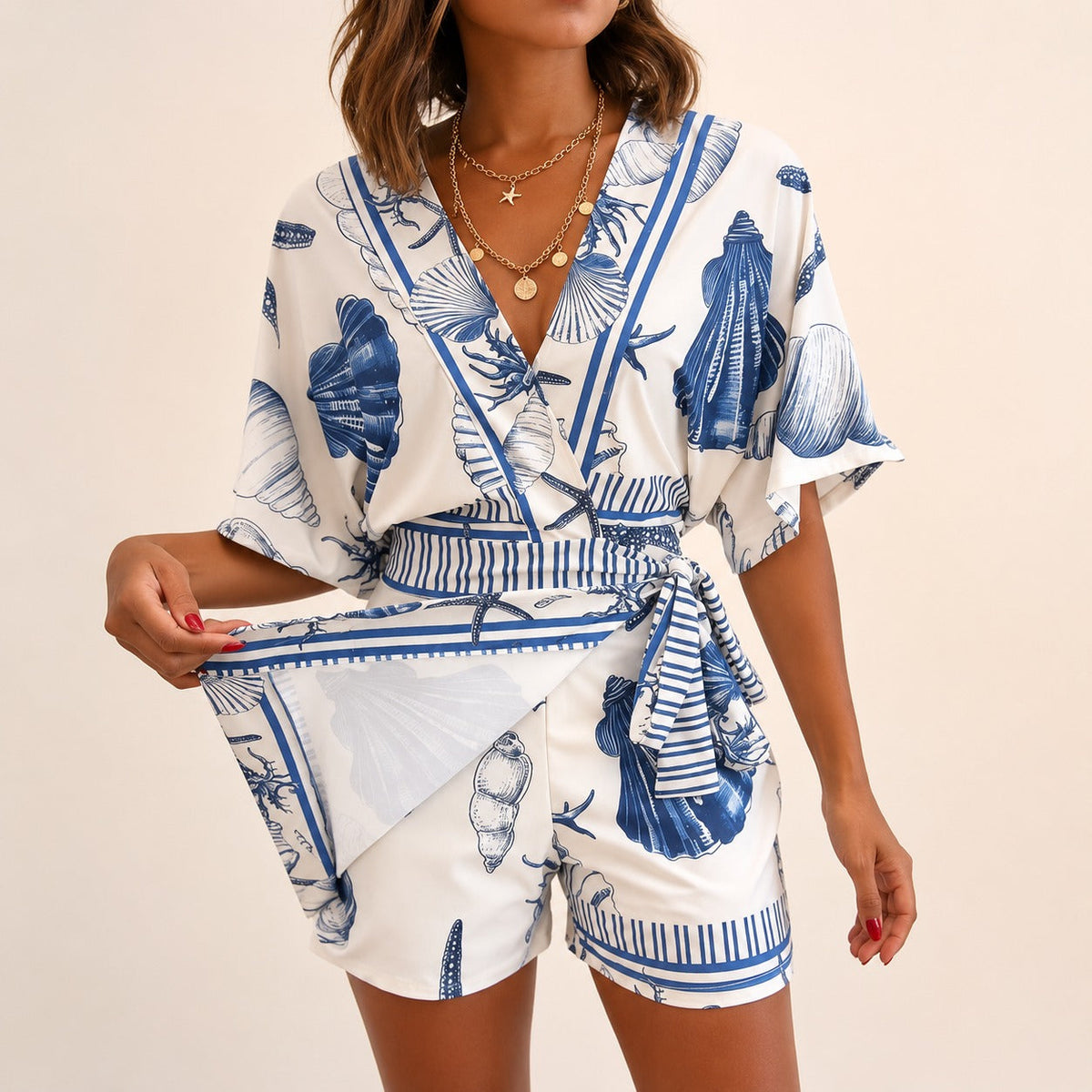 Seashell Print Wrap Top and Tie Waist Shorts Two Piece Set