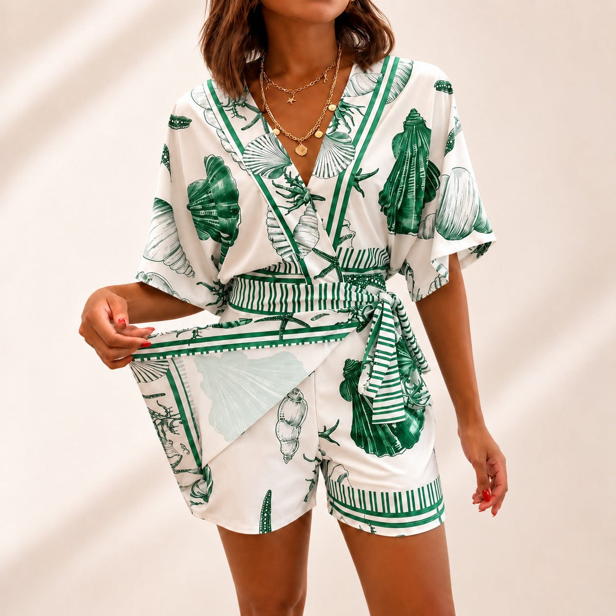 Seashell Print Wrap Top and Tie Waist Shorts Two Piece Set 4