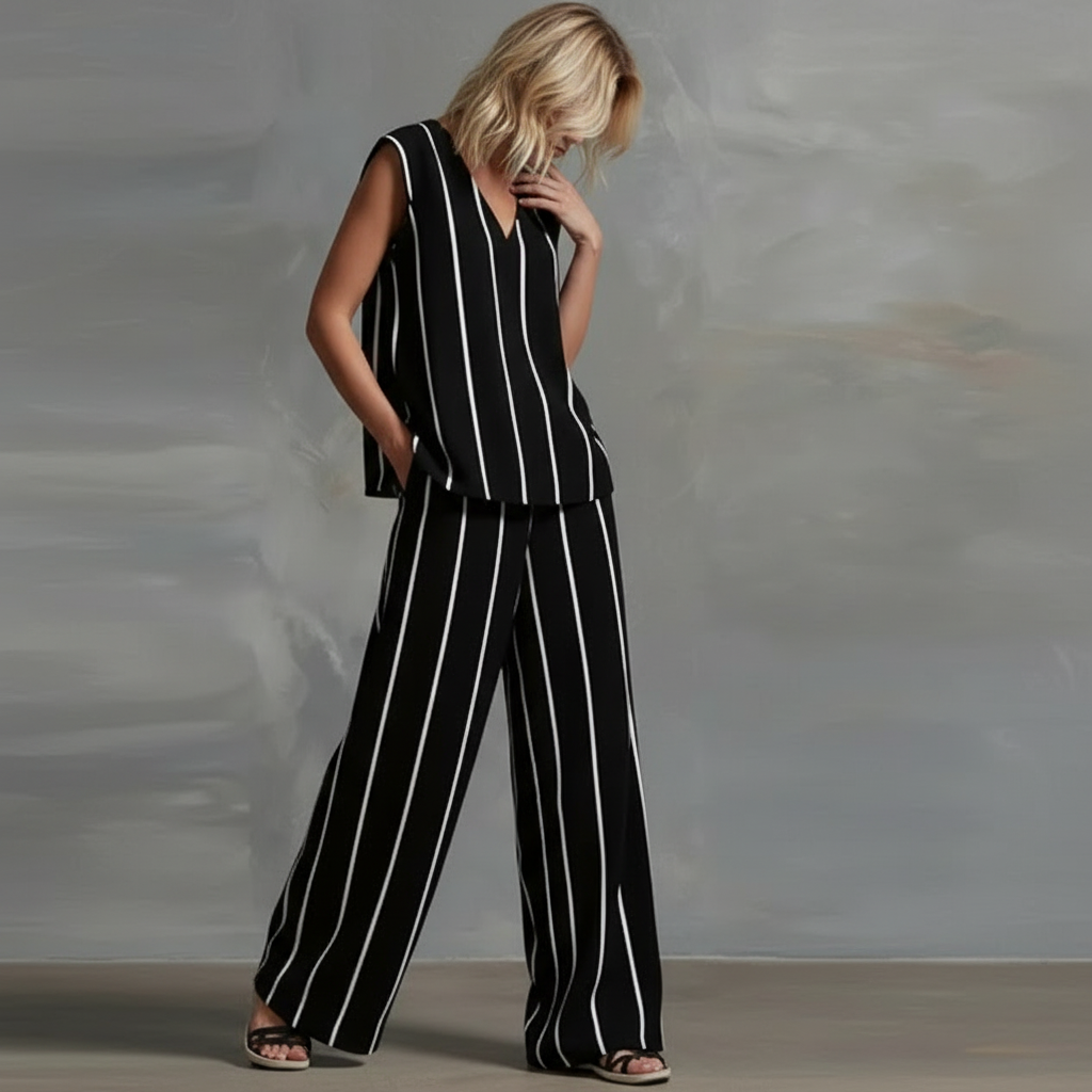 Striped V-Neck Sleeveless Top and Wide Leg Pants Two Piece Set 4