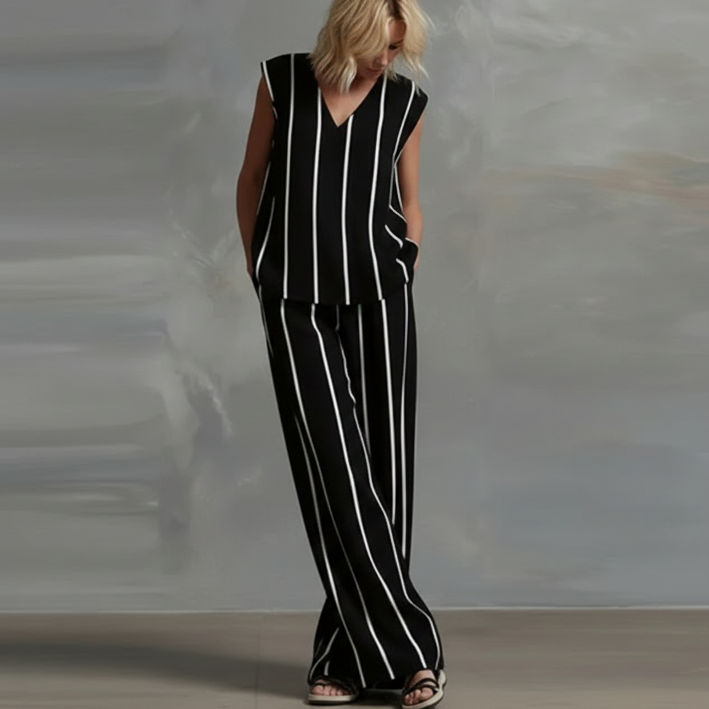 Striped V-Neck Sleeveless Top and Wide Leg Pants Two Piece Set 5