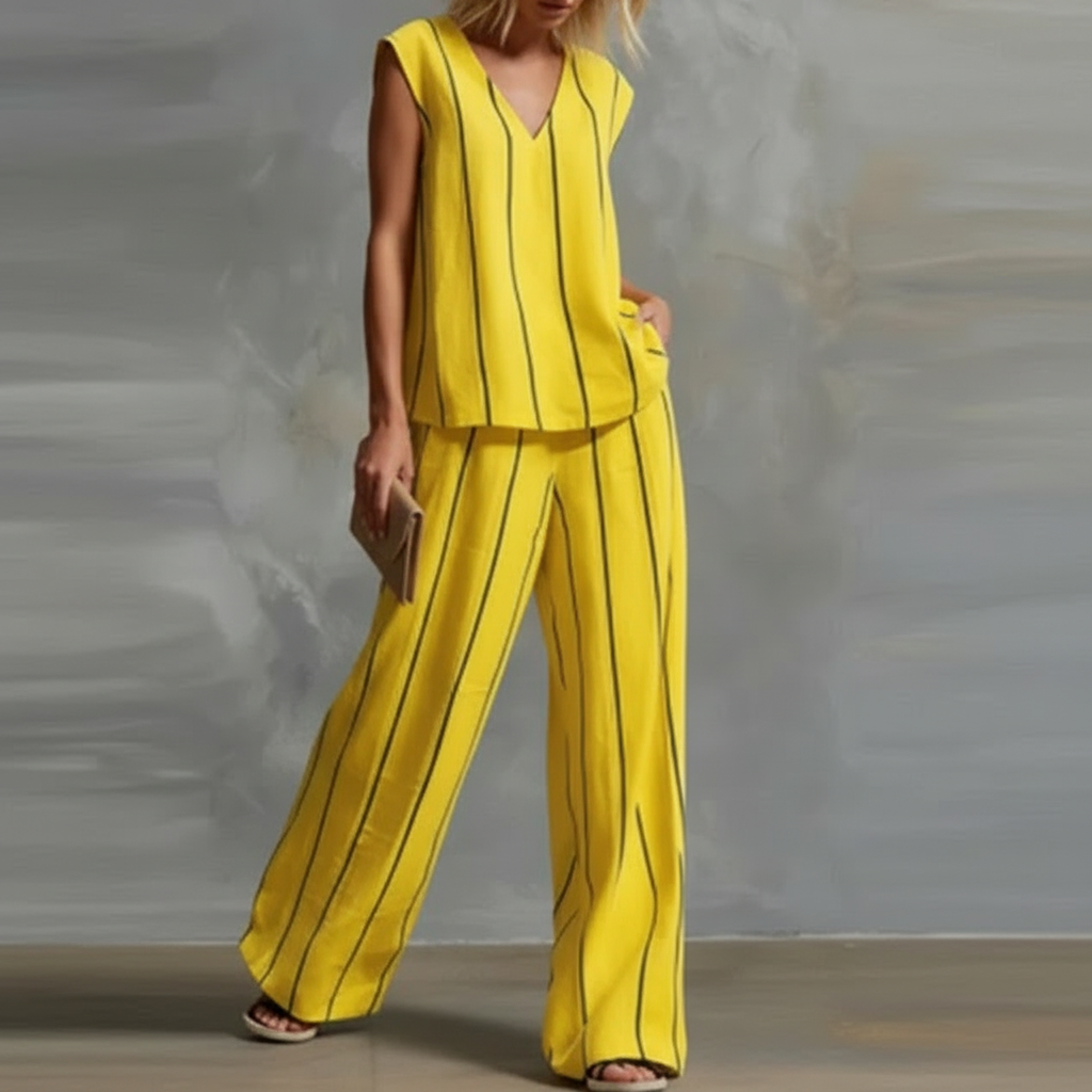 Striped V-Neck Sleeveless Top and Wide Leg Pants Two Piece Set 2