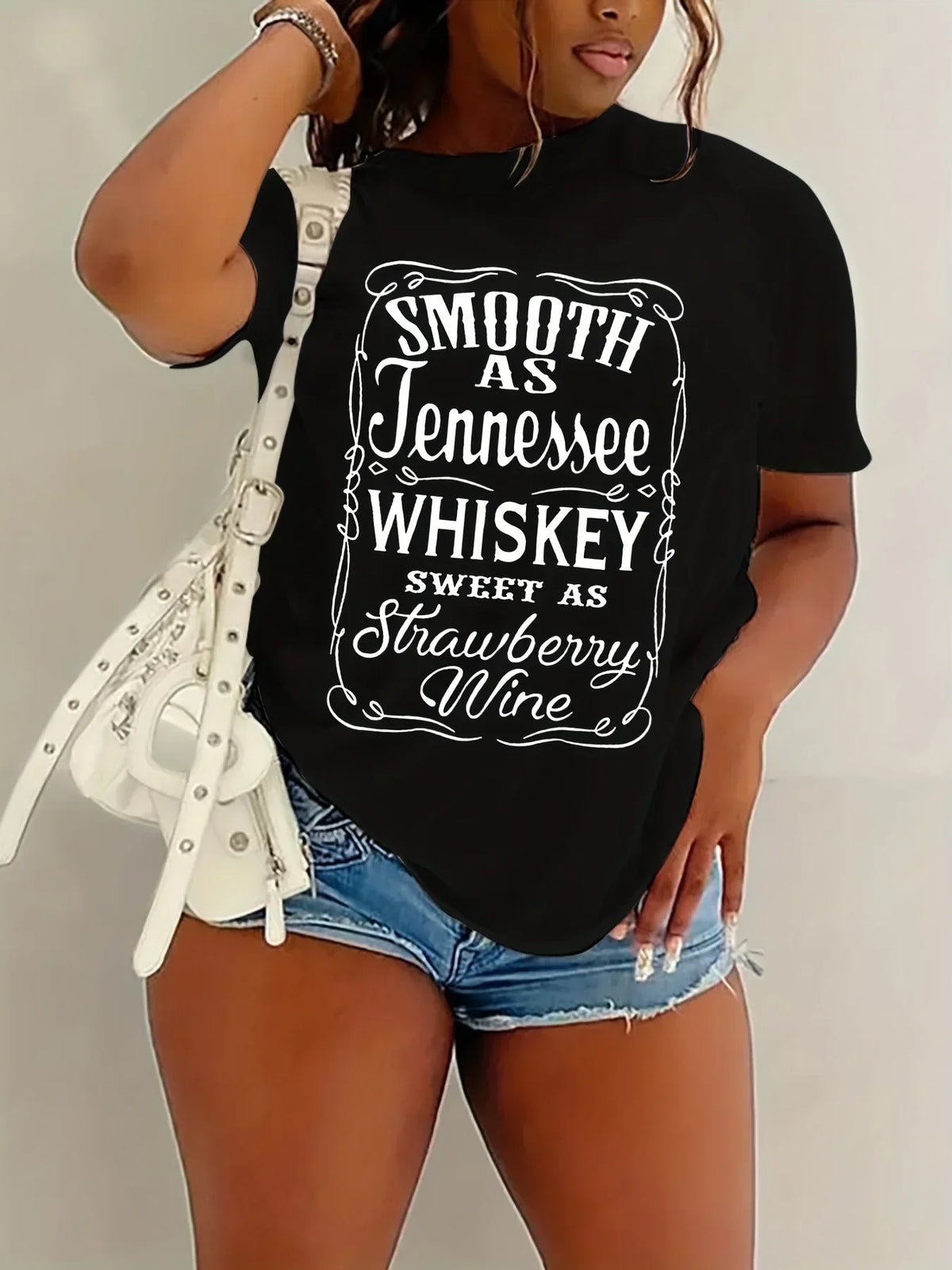 Whiskey Letter Print Sleeve & Crew Neck Tee T-shirt