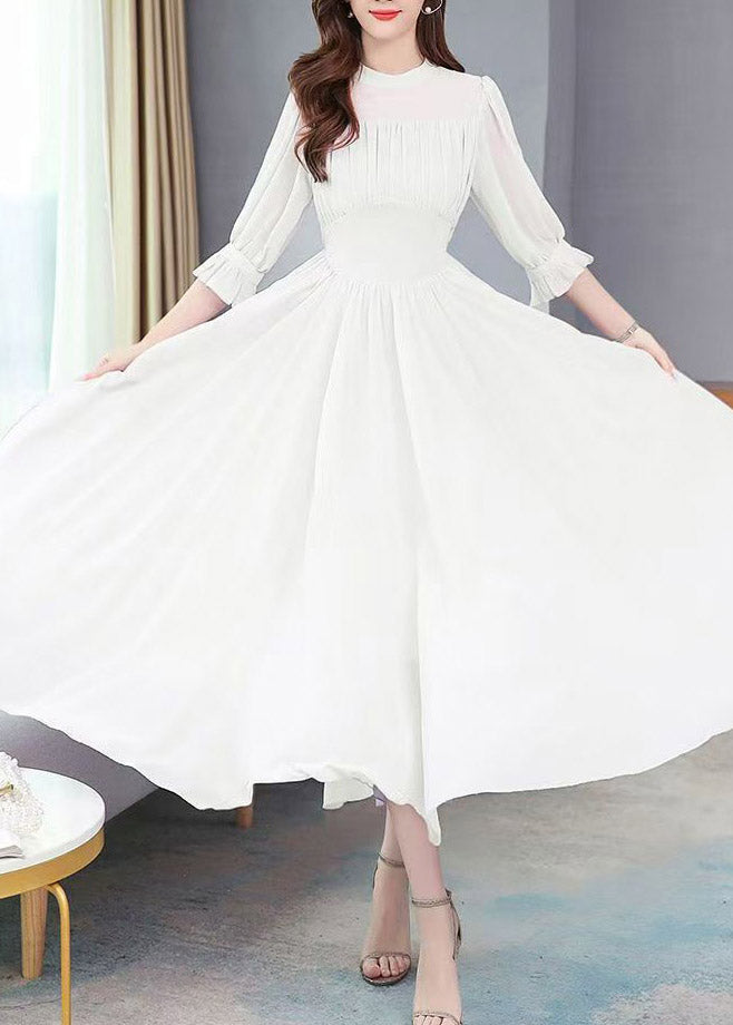 High Neck Puff Sleeve Ruched Chiffon Flowy Maxi Dress - View 3