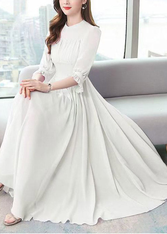 High Neck Puff Sleeve Ruched Chiffon Flowy Maxi Dress - View 4