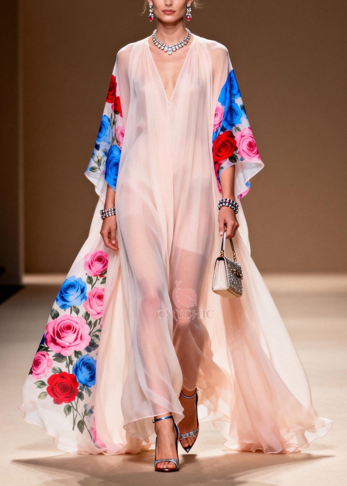 Floral Print Deep V-Neck Cape Sleeve Sheer Chiffon High Low Maxi Gown - View 3