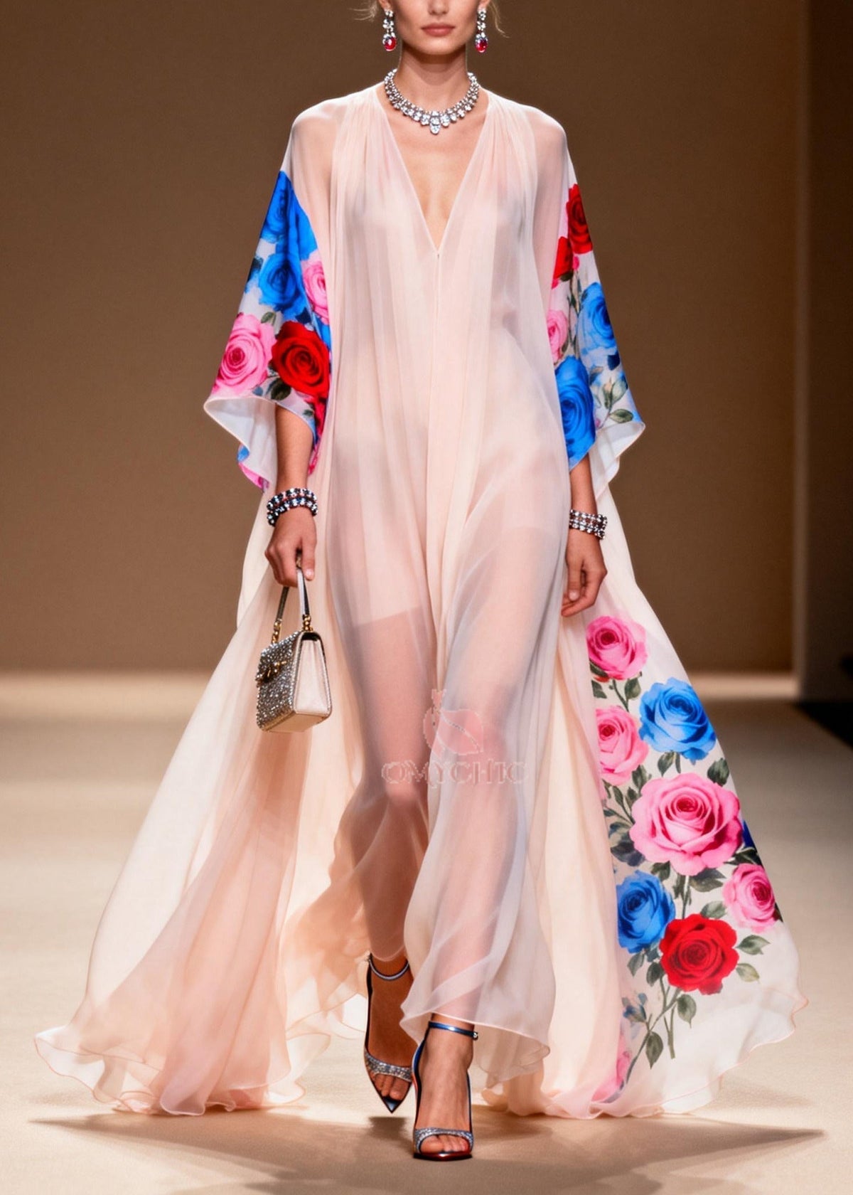Floral Print Deep V-Neck Cape Sleeve Sheer Chiffon High Low Maxi Gown - View 5