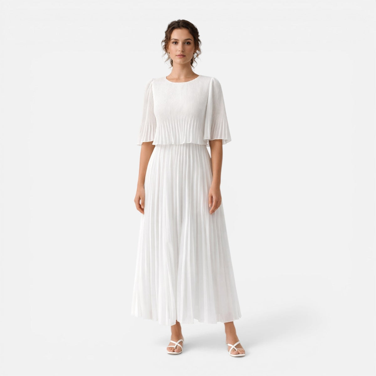 Round Neck Flutter Sleeve Pleated Chiffon Maxi Dress