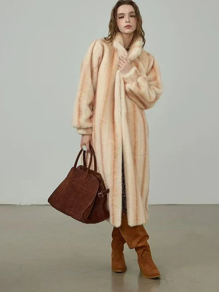 Elegant Standing Collar Faux Fur Mink Overcoat