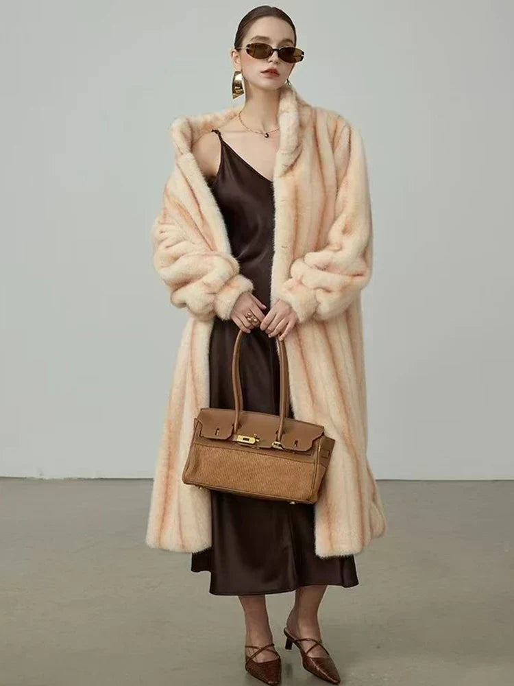 Elegant Standing Collar Faux Fur Mink Overcoat