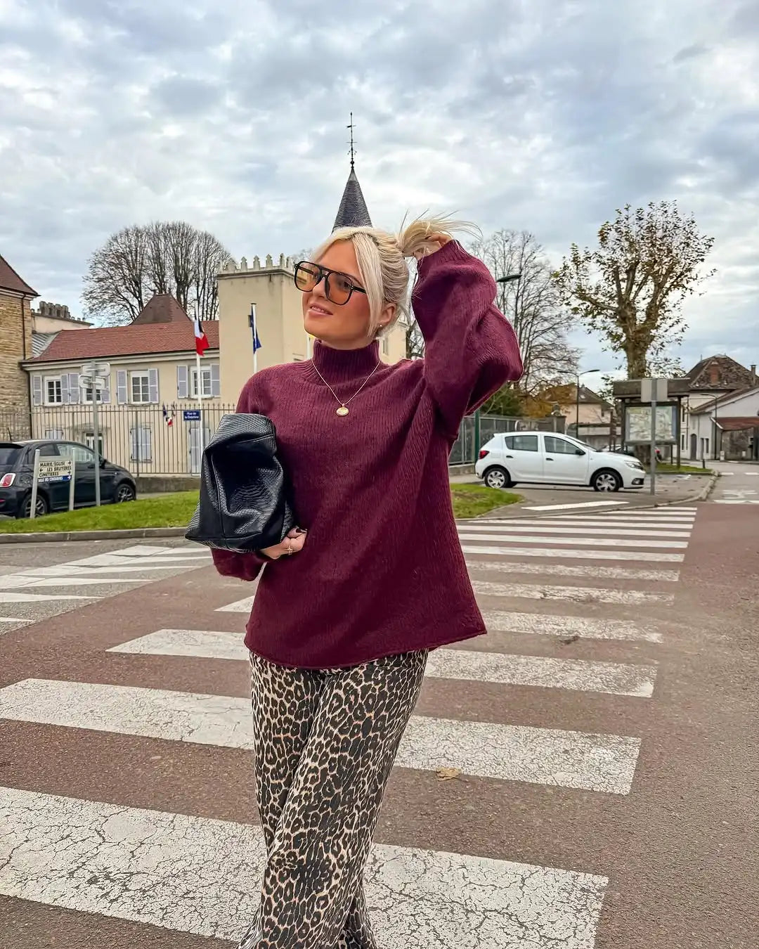 Warm High Neck Retro Sweater wine red / S