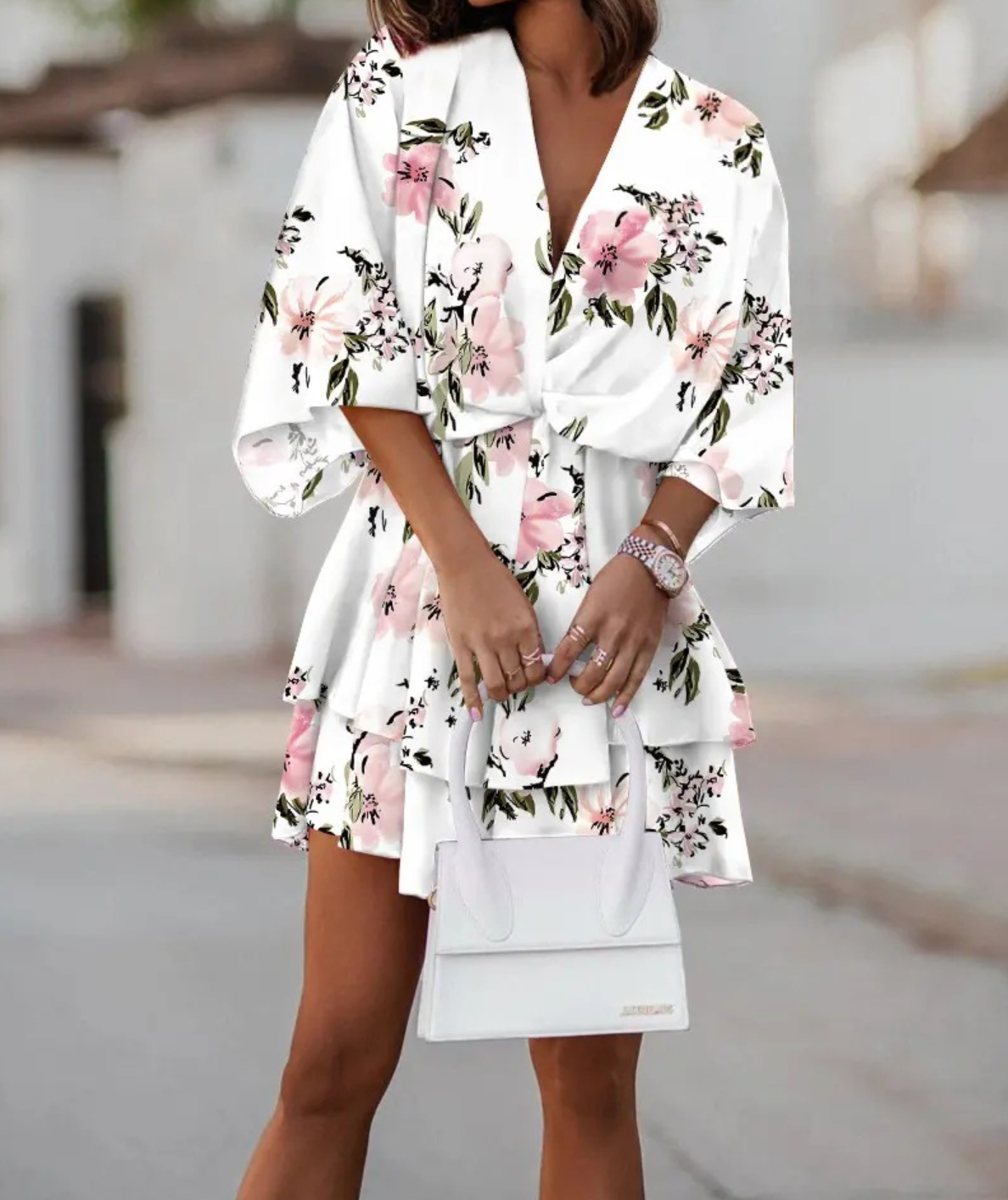 Floral Print V-Neck Kimono Sleeve Twist Front Tiered Mini Dress 7