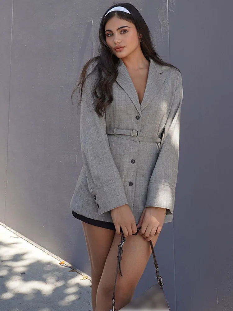 Solid Suit Coat with Belt V-neck Lapel Coat Grey / S