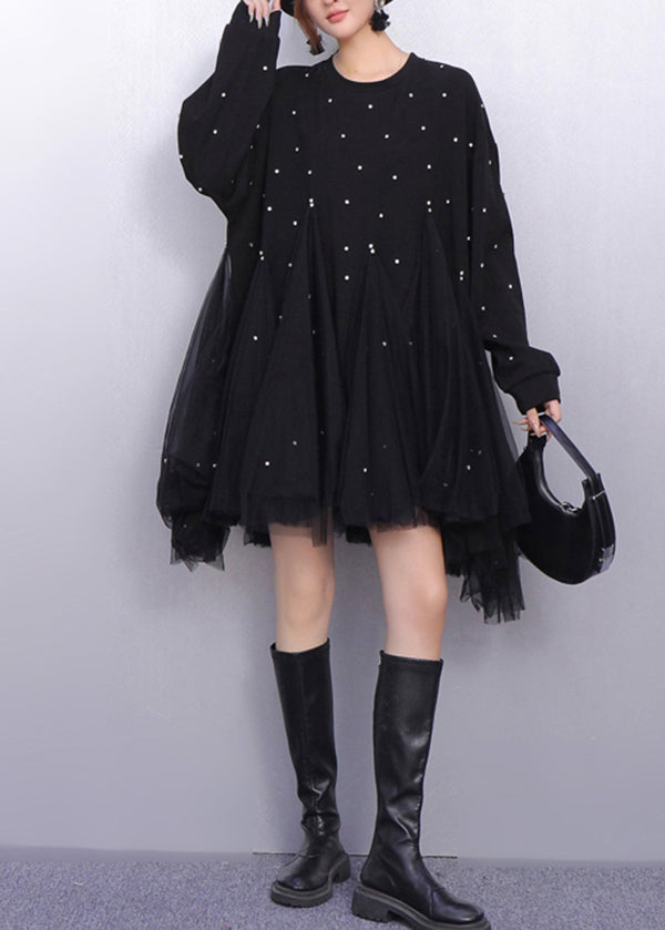 Pearl Embellished Sweatshirt Bodice Tiered Tulle Mini Dress
