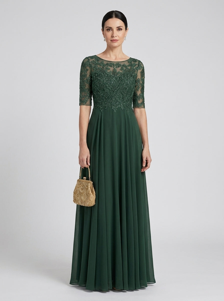 Lace Bodice Short Sleeve Chiffon A-Line Midi Dress Wedding Guest 9