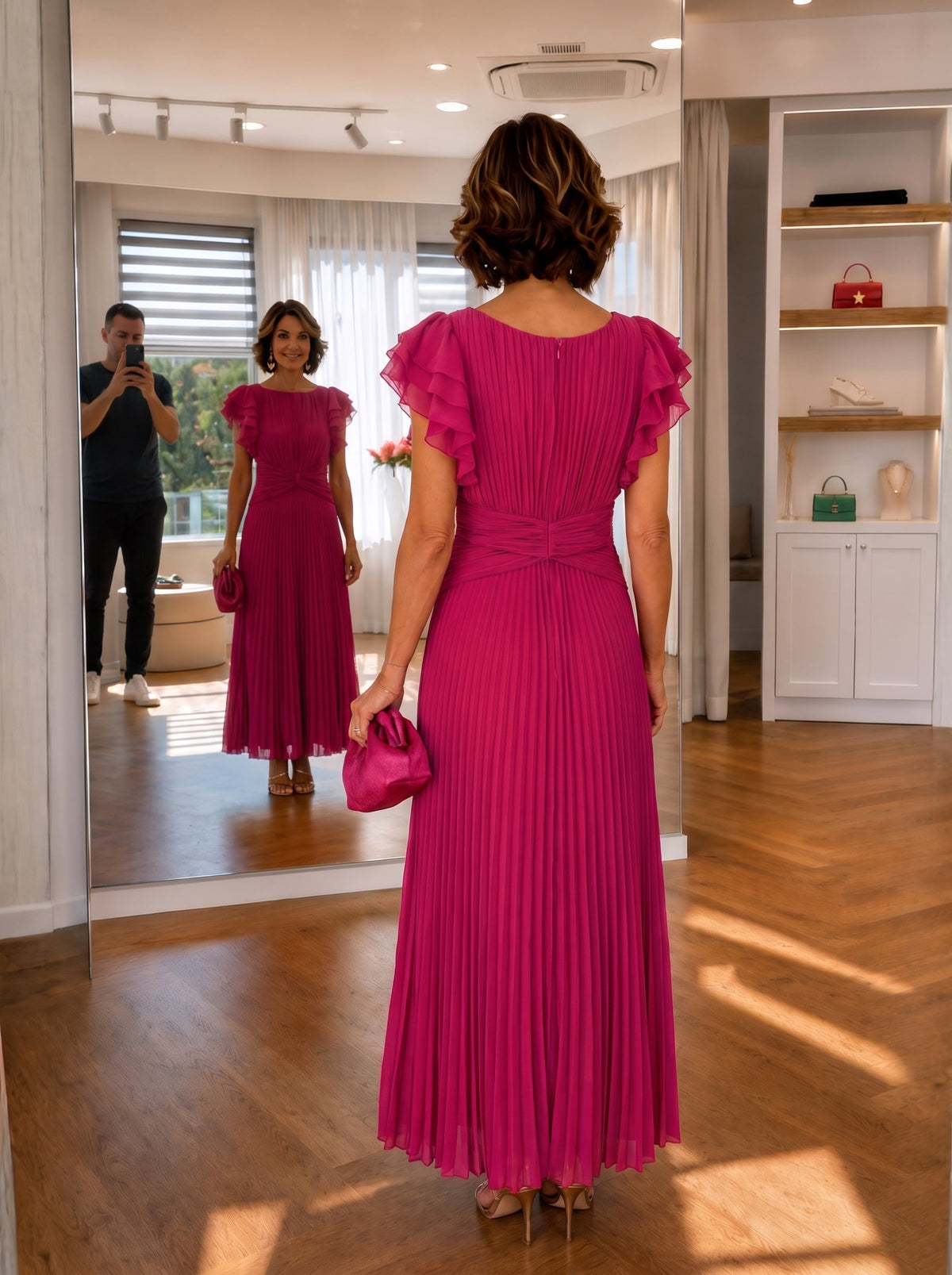 Pleated Boat Neck Flutter Sleeve Twist Waist Maxi Dress 3