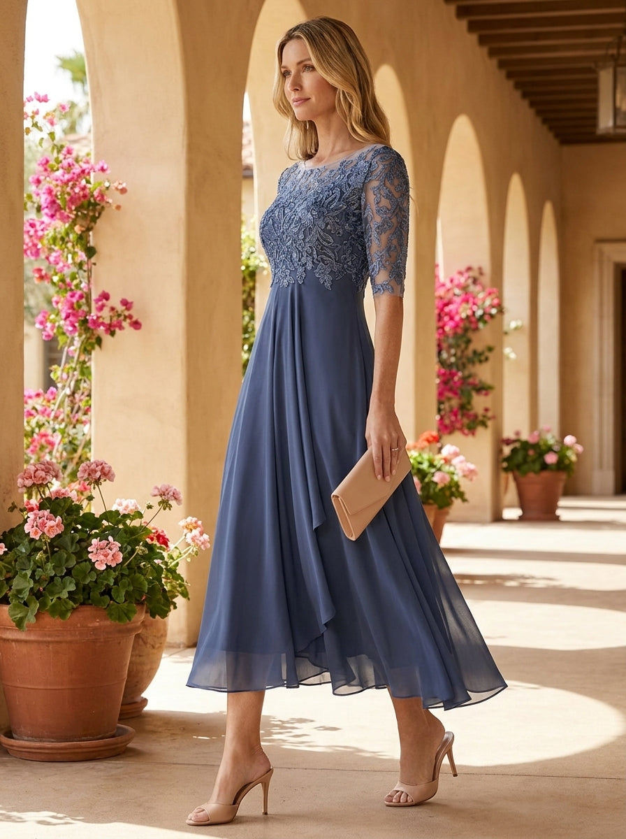 Lace Bodice Short Sleeve Chiffon A-Line Midi Dress Wedding Guest 5