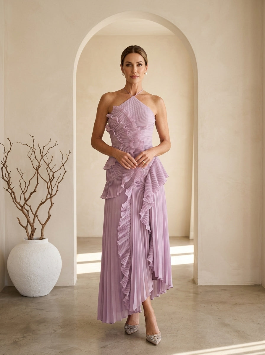 Pleated Ruffle Halter Neck High Low Maxi Dress